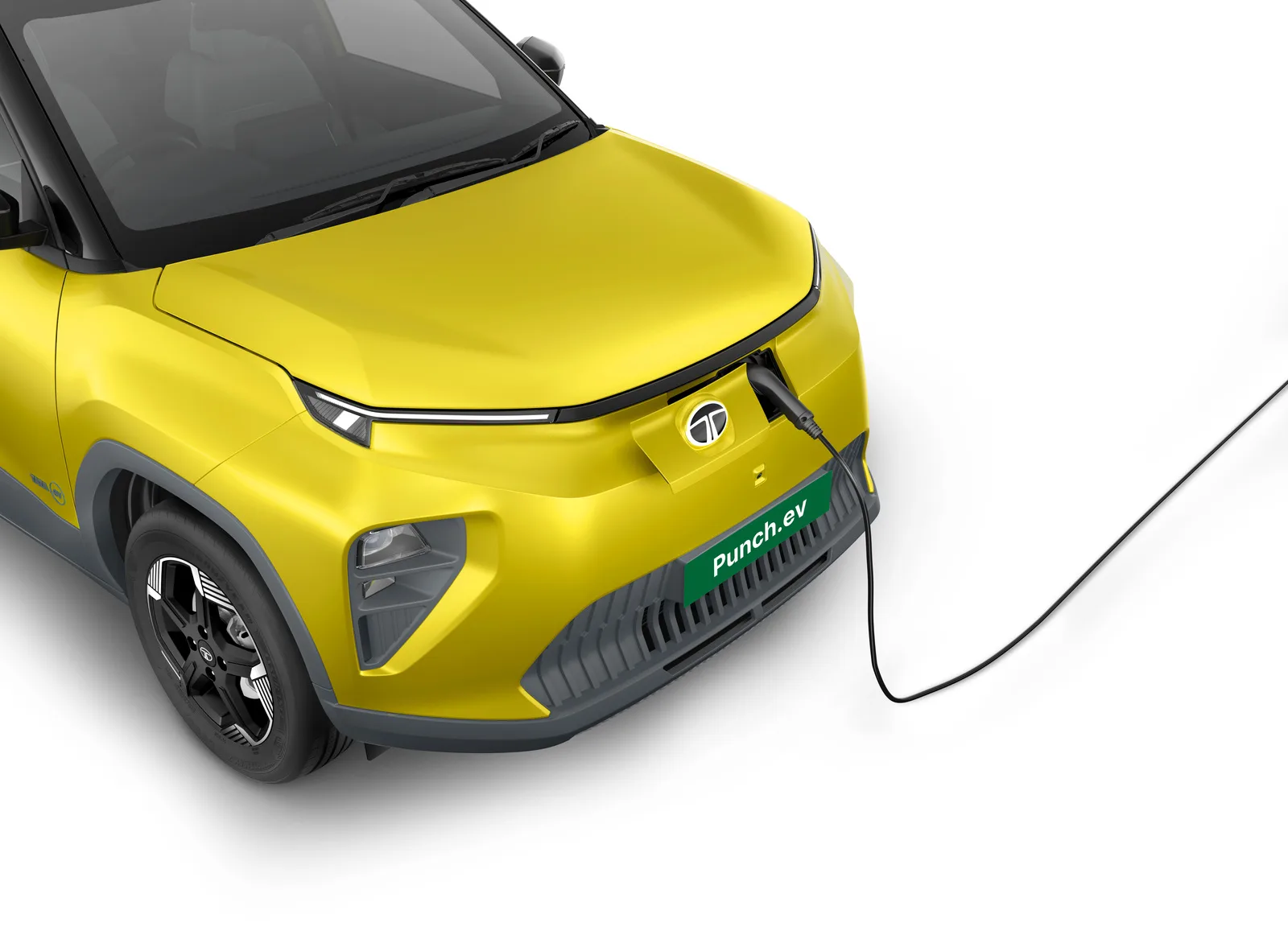Tata Punch EV charging port on the front with cable connected
