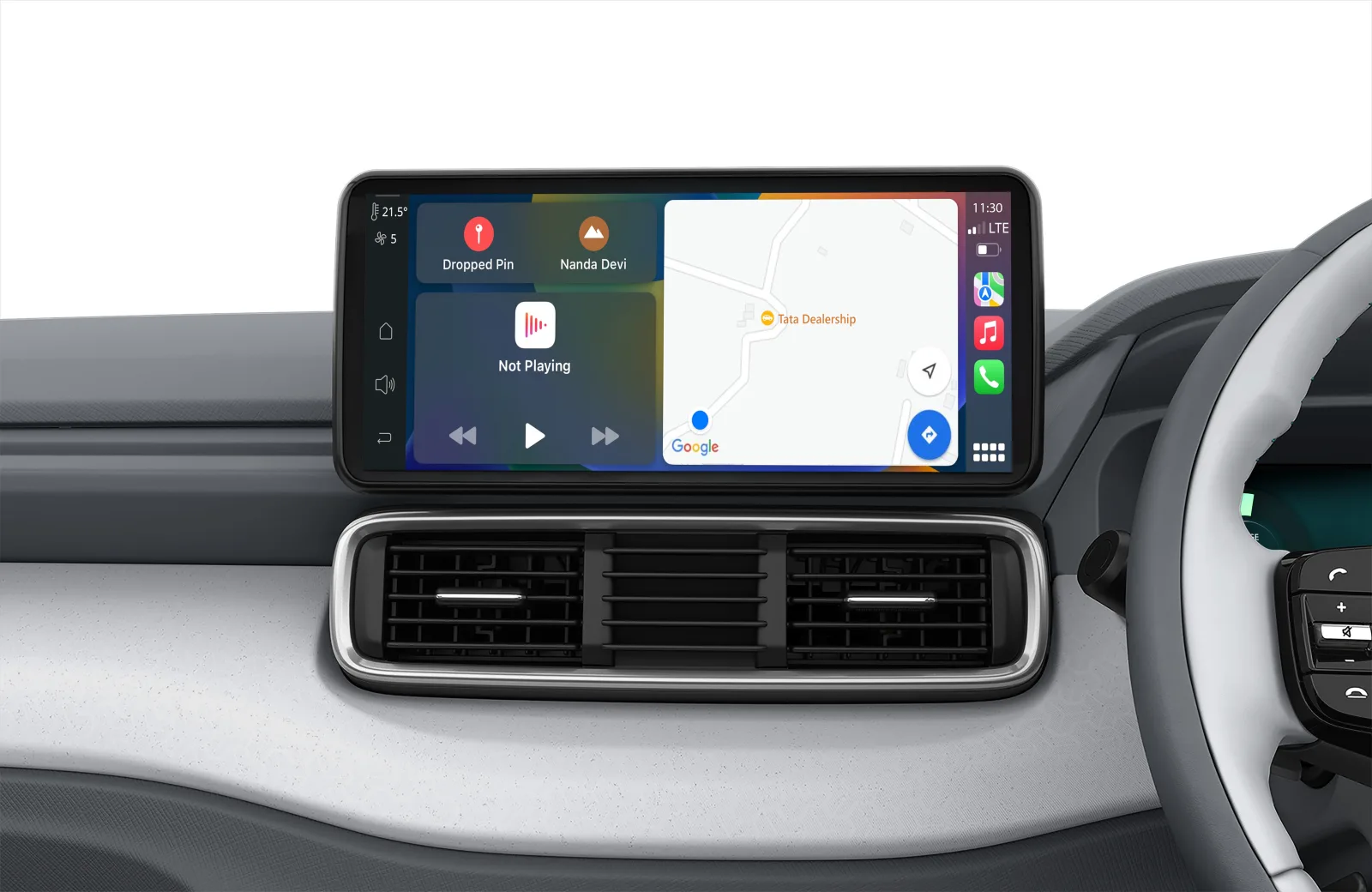 Tata Punch EV dashboard with touchscreen, air vents and steering controls