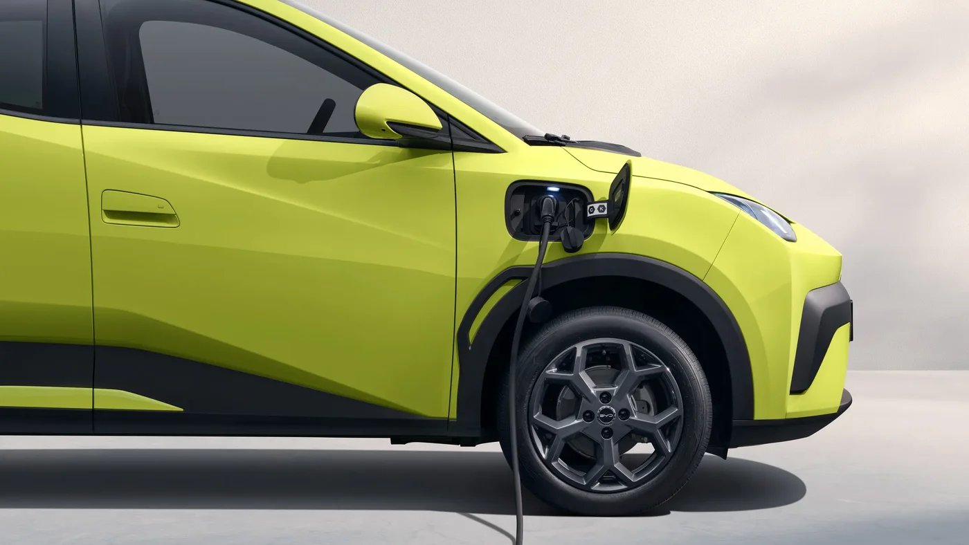 BYD Atto 1 charging port on the front wing with cable connected