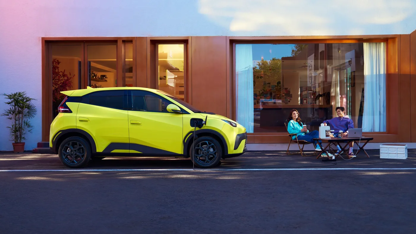 BYD Atto 1 powering an outdoor setup through vehicle-to-load