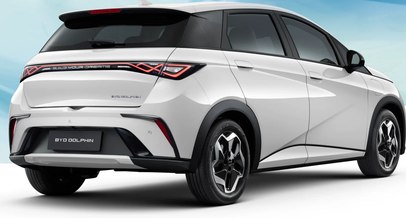 BYD Dolphin rear three-quarter view with LED light bar