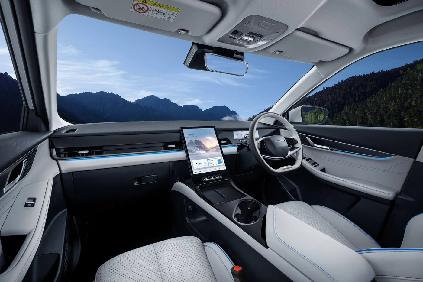 Jaecoo J5 EV cabin with Mist Grey upholstery