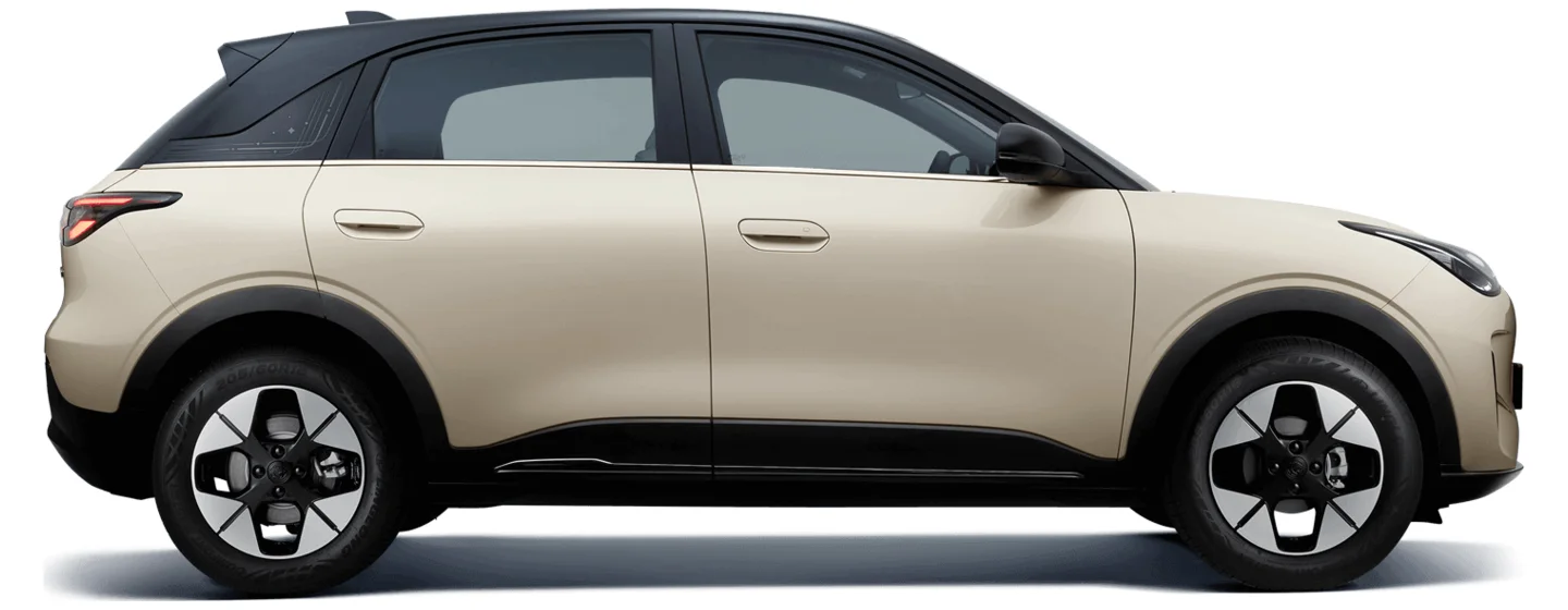 Proton e.MAS 5 side profile in Marble Cream with a black roof