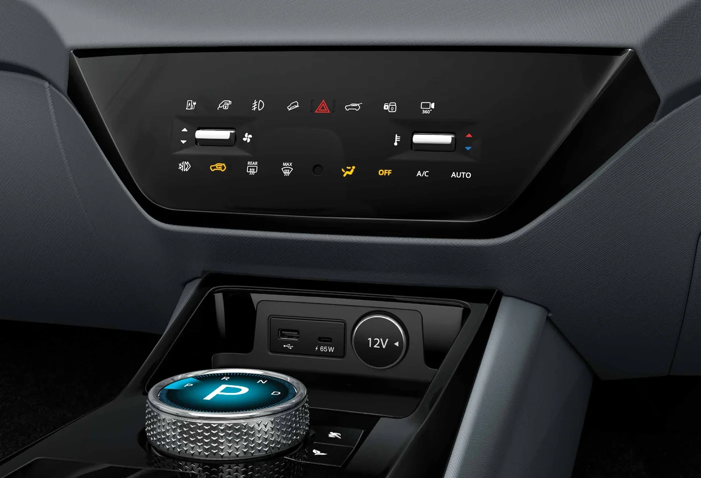 Tata Punch EV piano-black climate control panel and rotary drive selector