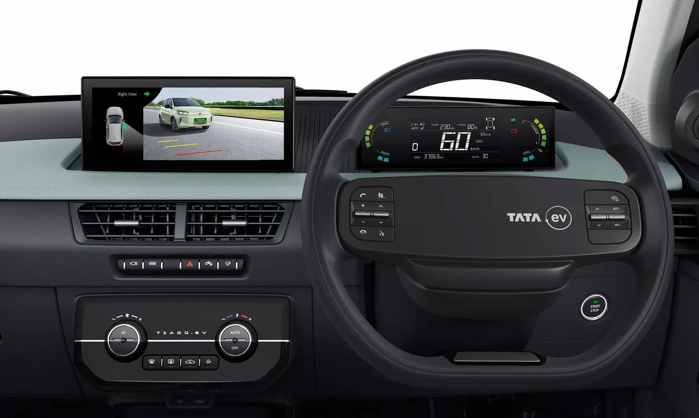 Tiago EV blind view monitor showing the right-side feed
