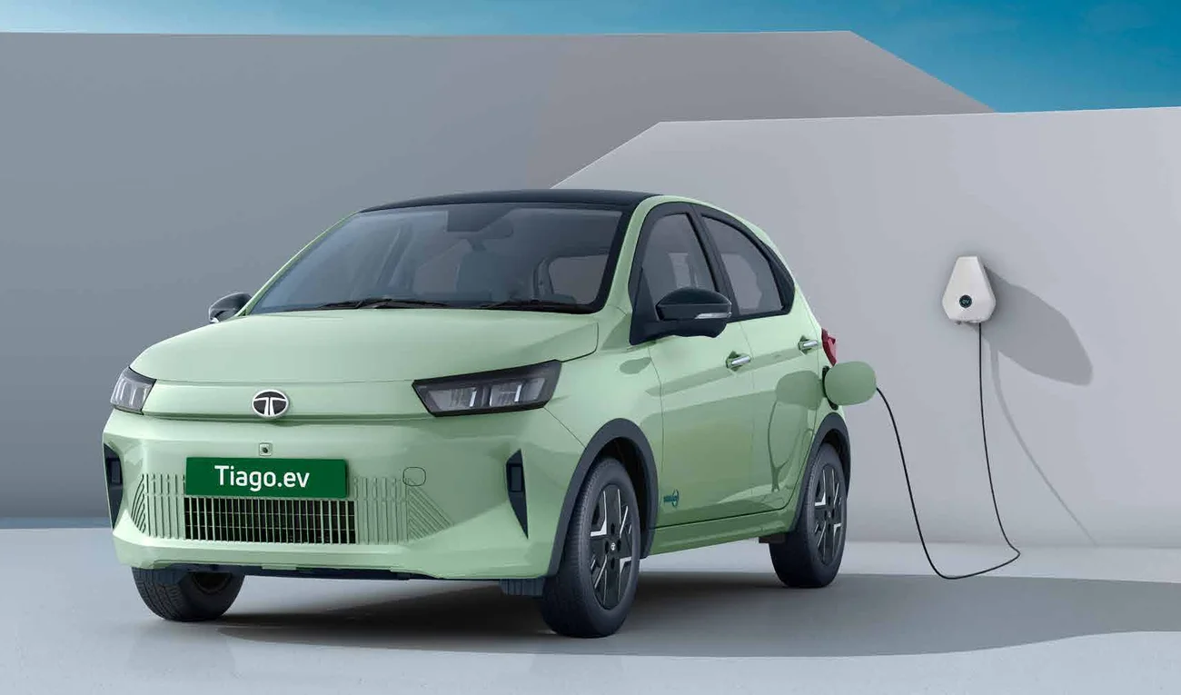 Tata Tiago EV plugged into a home wall box charger