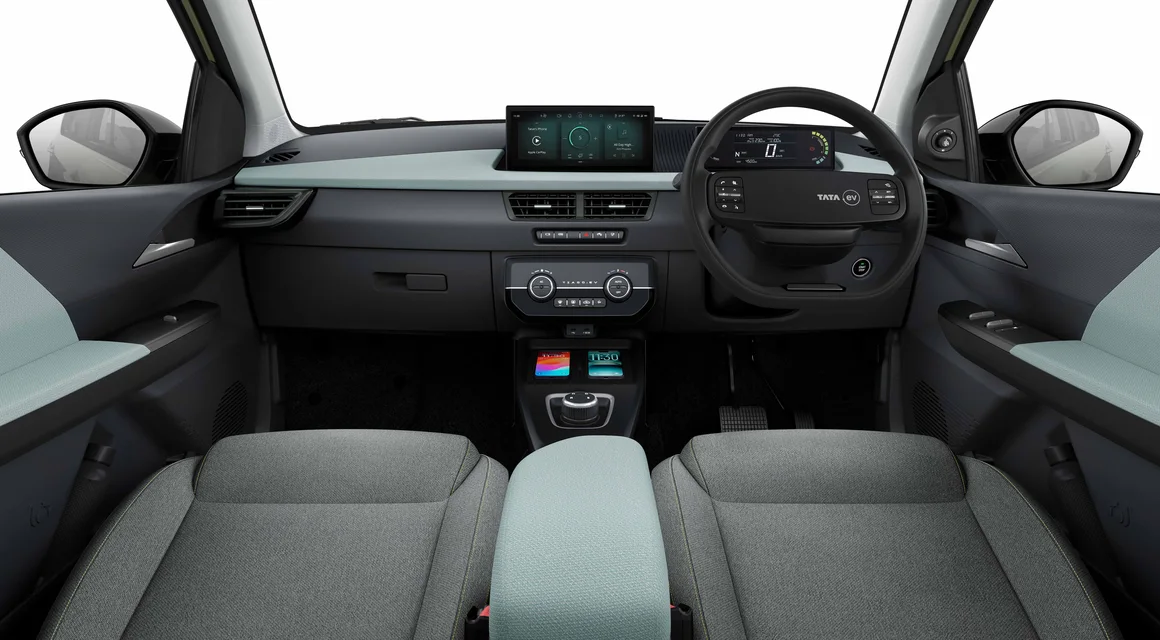 Tata Tiago EV dashboard with free-standing touchscreen and digital cluster