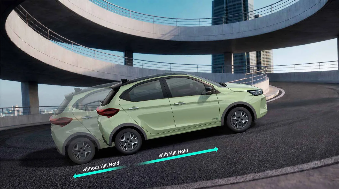 Tata Tiago EV hill hold illustration on a steep ramp