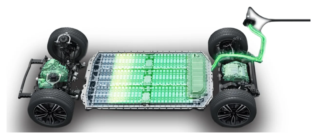 XPENG G6 platform showing the battery pack and charging port