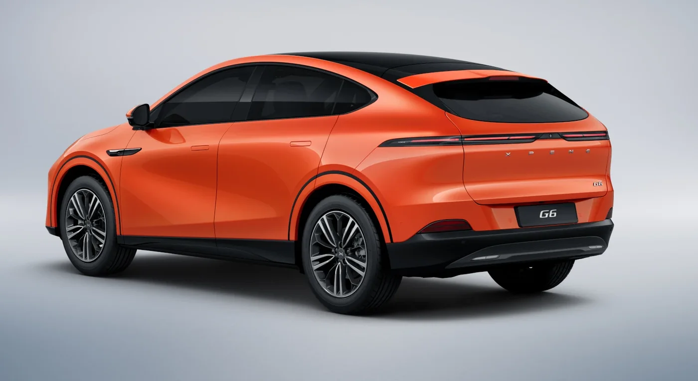 Orange XPENG G6 rear three-quarter view