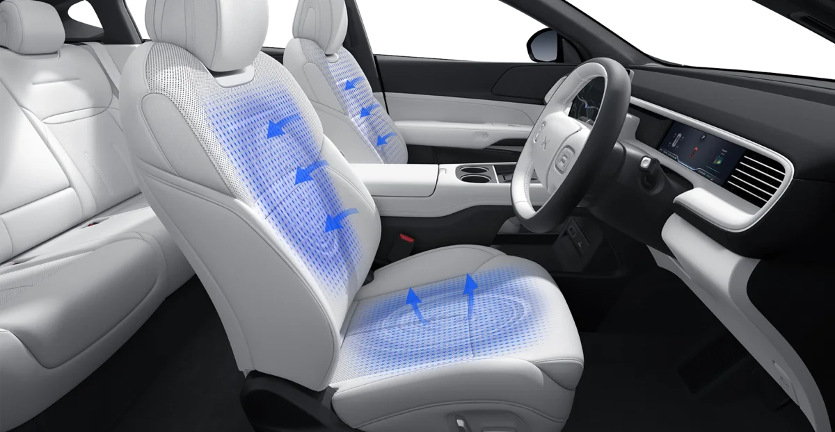 XPENG G6 front seat showing ventilation airflow
